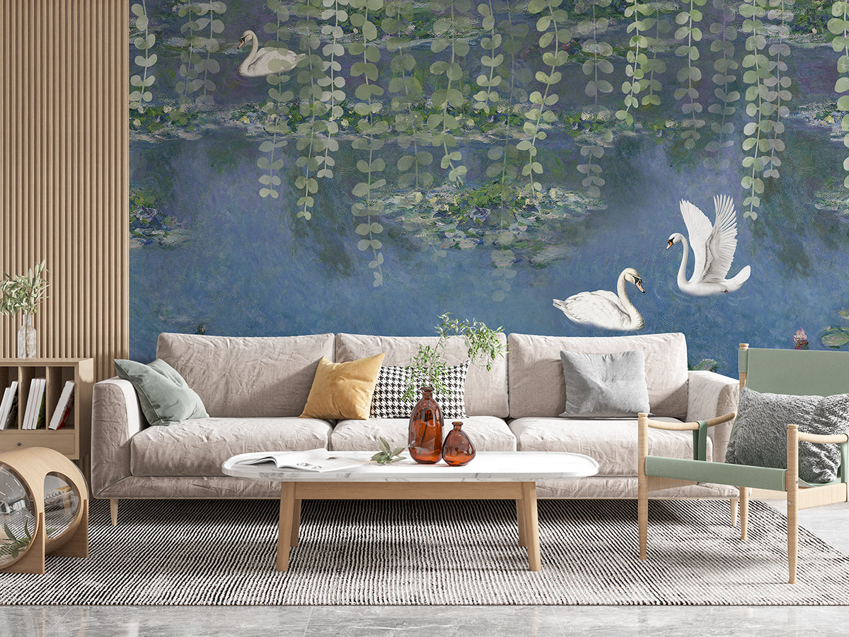 White swan pond wall mural with trailing green foliage behind a cream sofa